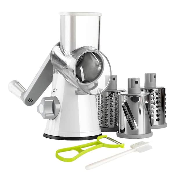 3-Blade Hand Crank Kitchen Rotary Cheese Grater with Handle and Drum Blades for Cheese, Vegetable, Chocolate, White