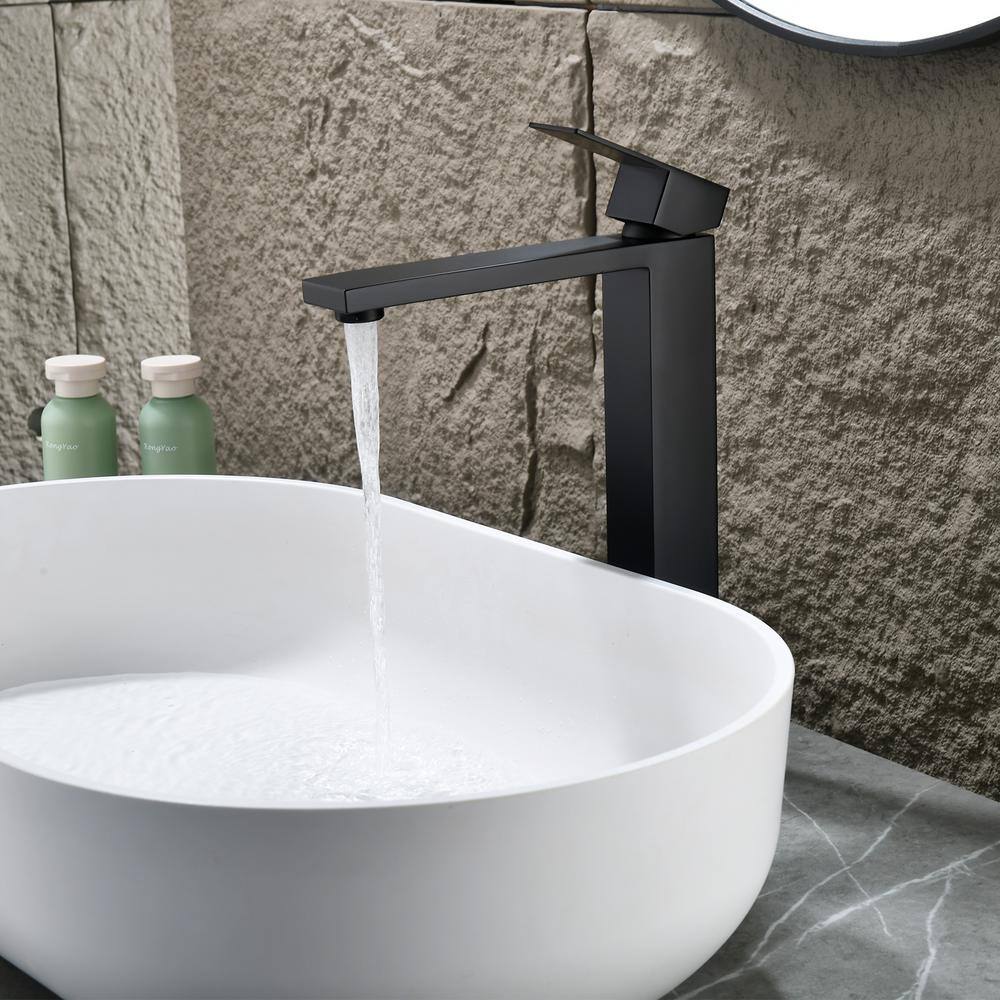 Matte Black Tall Single Handle Vessel Sink Faucet with Pop-Up Drain