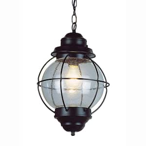 Catalina 9 in. 1-Light Black Hanging Outdoor Pendant Light with Seeded Glass