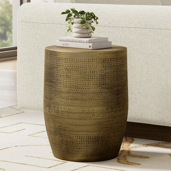 Johnsen 15 in. Wide Morse Pattern Metal Accent Table in Antique Brass, Assembled