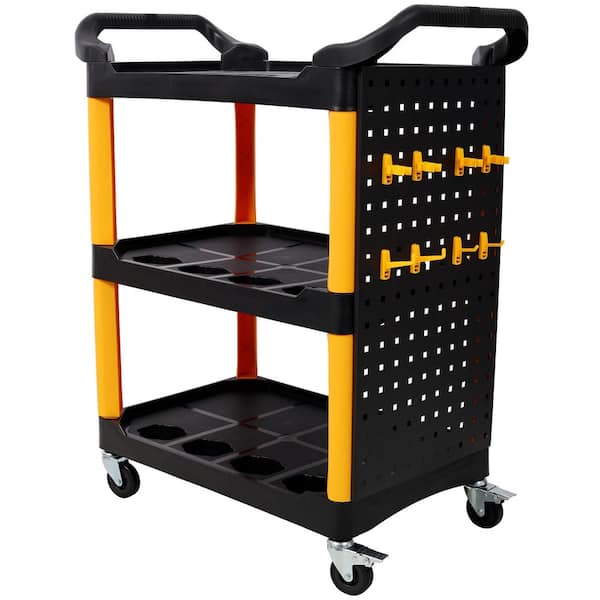 3-Tier Plastic Rolling 4-Wheeled Auto Detail Utility Cart in Yellow and Black with Pegboard and Hook