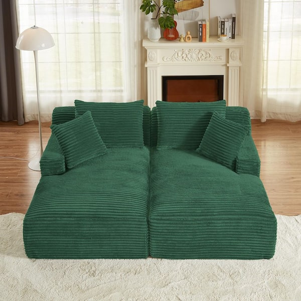 78.7 in. Straight Arm Corduroy Rectangle Sleeper Sofa with Spring Padding, Compressible Double Chaise Lounge in Green