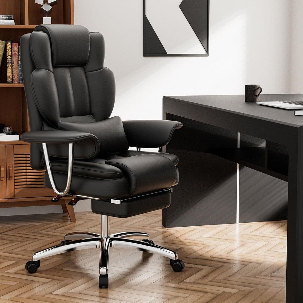 Faux Leather High Back Office Chair Ergonomic Reclining Desk Chair in Black with Lumbar Support, Footrest