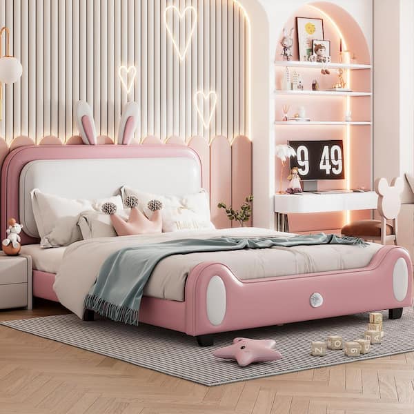 Harper & Bright Designs White and Pink Full Size Rabbit-Shape PU Upholstered Platform Bed with Headboard and Footboard
