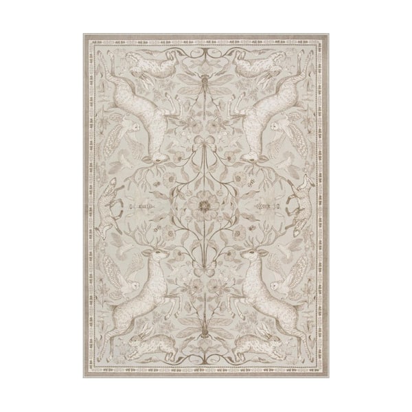 Modern Woodland Animal Deer Botanical Washable Non Slip 5 ft. x 7 ft. Beige Living Room Bedroom Kids Room Area Rug