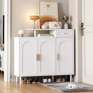 Elegant White Shoe Storage Cabinet with Arched Doors, Drawer and Adjustable Shelves