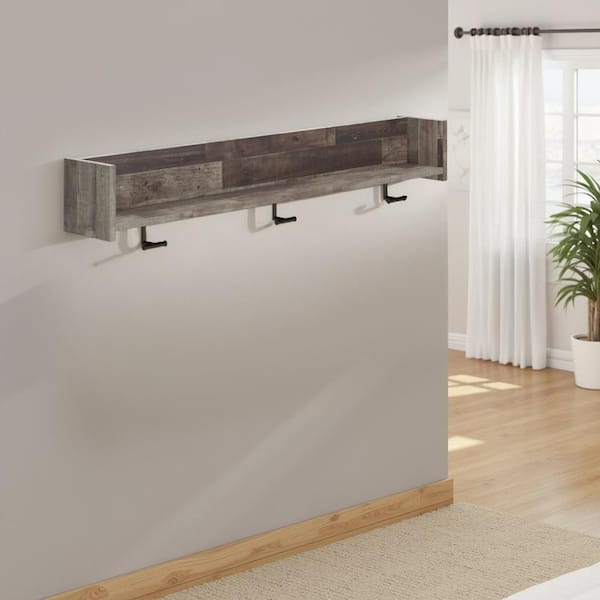 Elis Butcher Block Gray Wall Mounted Coat Rack with 3 Hooks and Shelf