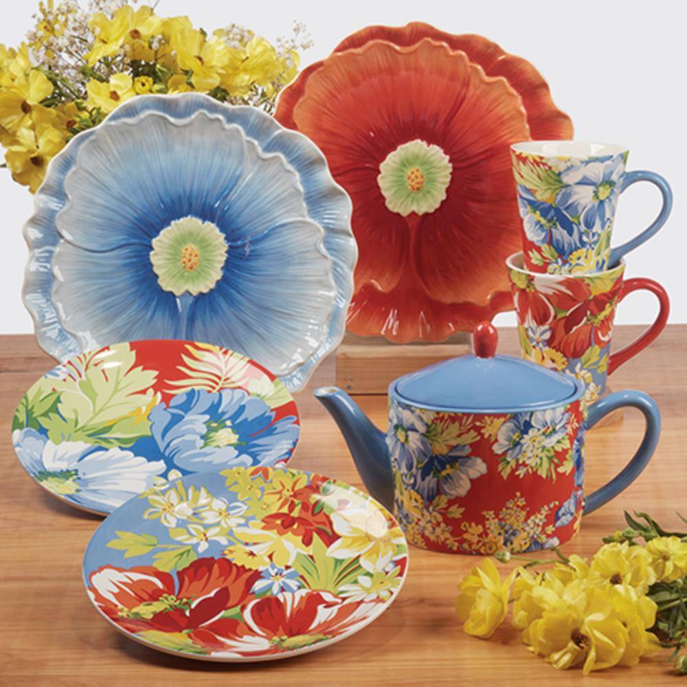 Multicolor Floral Earthenware Teapot with Blue Lid