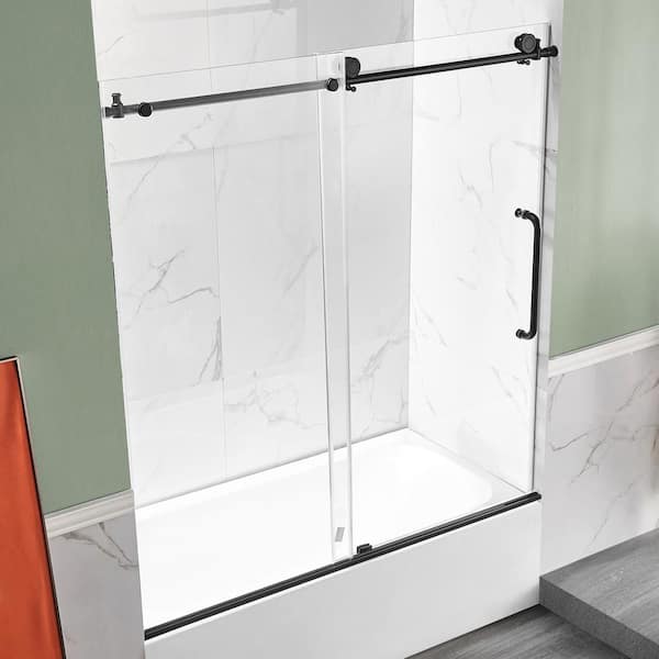 ANZZI - 60 in. L x 32 in. W x 83 in. H Right Drain White Rectangular Tub with Frameless Sliding Tub Door in Matte Black Finish