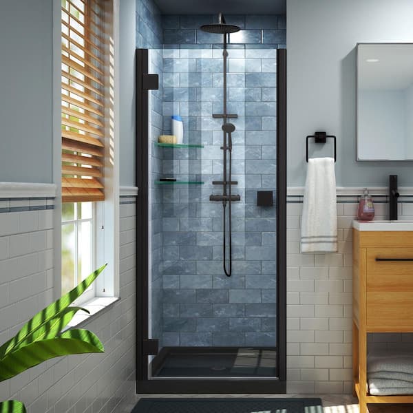 DreamLine Lumen 42 in. x 72 in. Semi-Frameless Hinged Shower Door in Matte Black Finish with 42 in. x 42 in. Base in Black