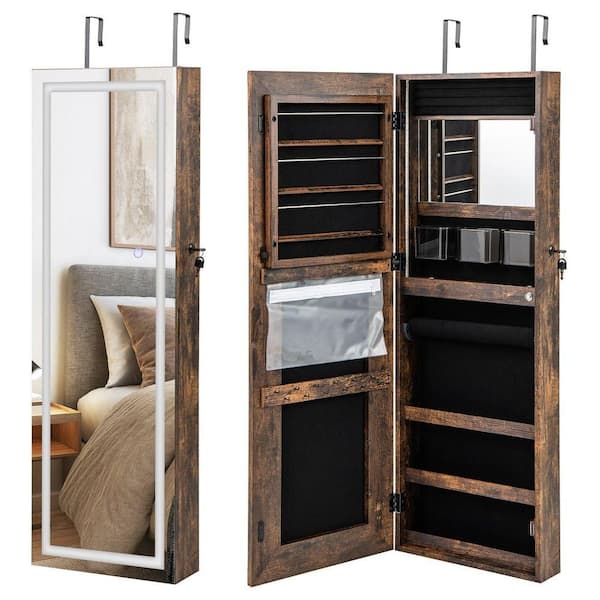 15 in. x 42.5 in. Rustic Brown Wall-Mounted Lockable MDF Jewelry Armoire Box Organizer with Mirror