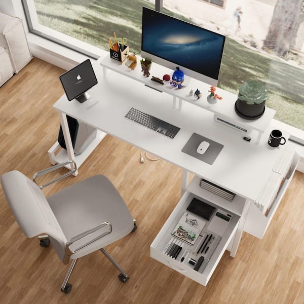 47.3 in. Rectangular Black Computer Desk White 2-Drawer with Power Outlet Monitor Stands Shelves Side Pocket and Hooks