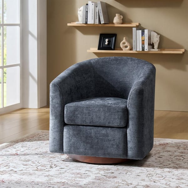 JAYDEN CREATION Miriam Navy Modern Swivel Accent Chair with Solid Wooden Base
