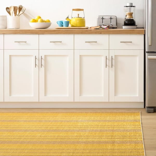 Sunflower Ticking Machine Washable Yellow 6 ft. x 9 ft. Indoor Area Rug