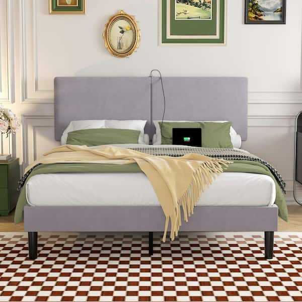 VECELO Bed Frame with Type-C and USB Ports, Upholstered Platform Height-Adjustable Cotton and Linen Headboard, Gray Full Bed