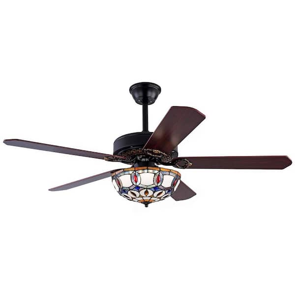 52 in. Black and Brown Downrod Mount Tiffany Style 3-Speed Fandelier Ceiling Fan with 3-Color Integrated LED and Remote