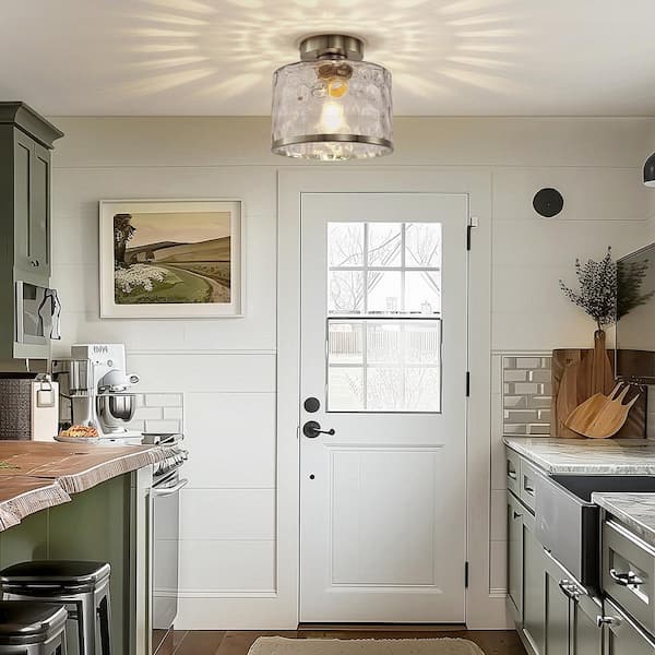 9 in. 1-Light Brushed Nickel Semi Flush Mount Ceiling Light Industrial Clear Water Glass for Hallway Kitchen Bathroom