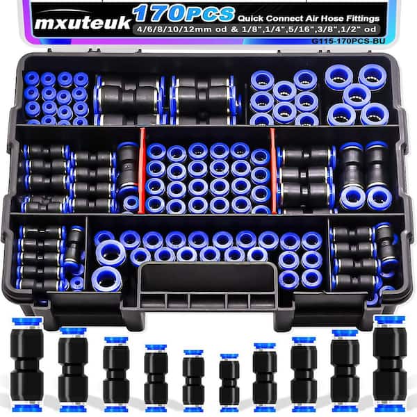 Assorted 1/8 in.-1/2 in. and 4-12 mm Pneumatic Push-to-Connect Air Hose Fittings Kit Multi-Colored (170-Pack)