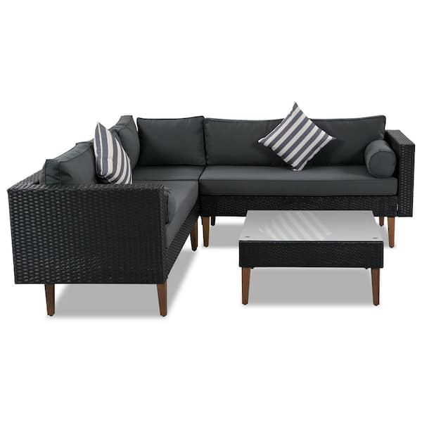 Unbranded Black 4-Piece Wicker Outdoor Sectional Set, Patio Rattan L-Shape Sofa Set with Colorful Pillows and Gray Cushions