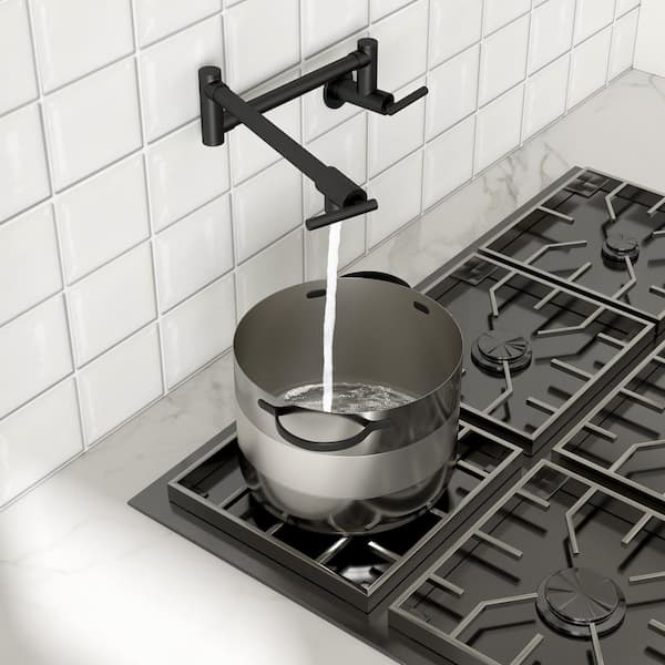 Wall Mounted Pot Filler Faucet with Double-Handle in Matte Black