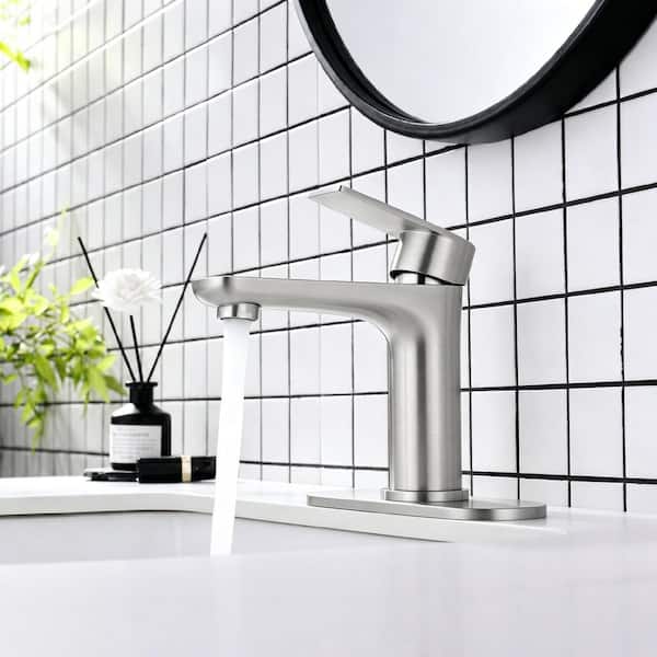 Basin Faucet Single Handle Single Hole Bathroom Faucet with 15° Angled Spout Splash-Free in Brushed Nickel