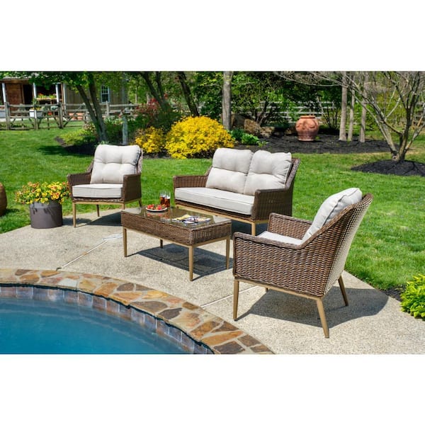 Brown Eva 4 pieces Wicker Aluminum Love Seat Set:Sunbelievable Dune Cushion Inclusive