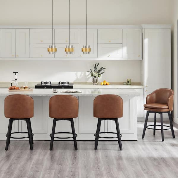 Zephyrine 26 in. Brown Low Back Swivel Counter Height Bar Stool with Leather Seat and Wood Frame