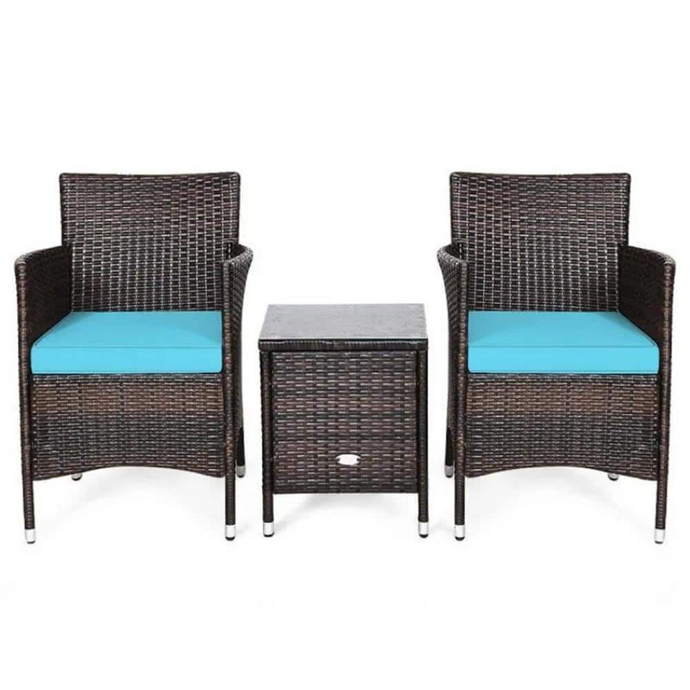 Brown 3-Piece Wicker Outdoor Lounge Chair Without Sunshade with Blue Cushio