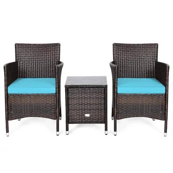 Cubilan Brown 3-Piece Wicker Outdoor Lounge Chair Without Sunshade with Blue Cushions