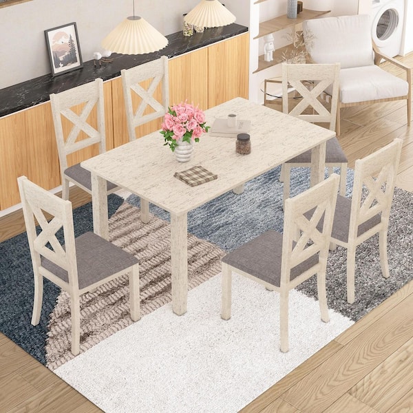 VECELO Gray Upholstered Dining Chairs Set of 6 High Back Fabric Chairs with Solid Wood Legs, Padded Seat, Modern Kitchen Chairs