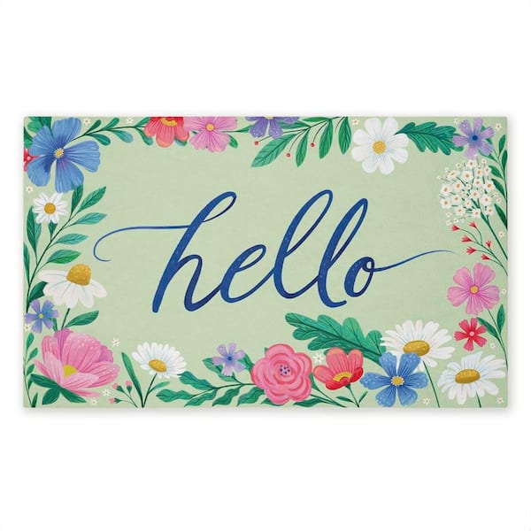 Dream Garden Hello Green 18 in. x 30 in. Polyester Non-Slip Outdoor Door Mat