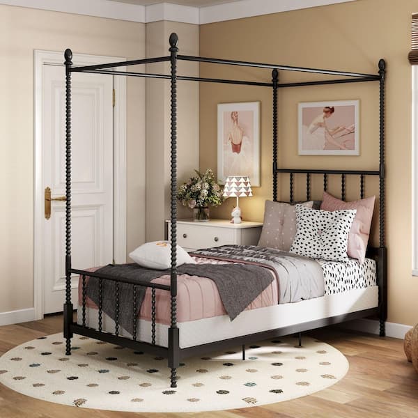 Cathy Black Metal Frame Twin Canopy Bed with Spindle Posts