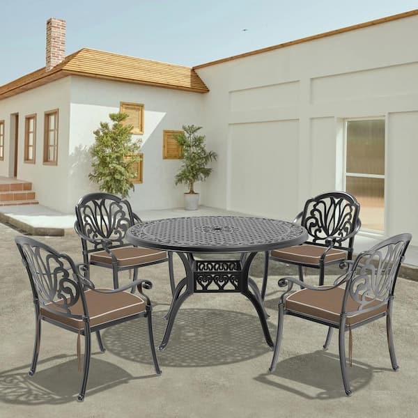Willit Elizabeth Black 5-Piece Cast Aluminum Outdoor Dining Set with Round Table and Dining Chairs with Random Color Cushion