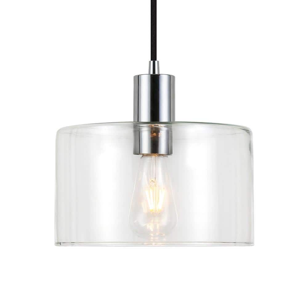 Contemporary Polished Nickel Drum Pendant with Hand-Blown Glass Shade
