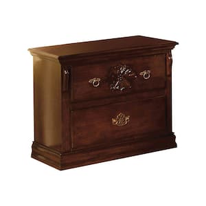 Dark Brown 2-Drawer Wooden Nightstand with Carved Floral Accents 16 in. L x 28 in. W x 19 in. H