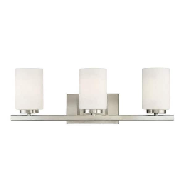 Savoy House 6.5 in. W x 8 in. H 3-Light Brushed Nickel Bathroom Vanity Light with White Glass Shades