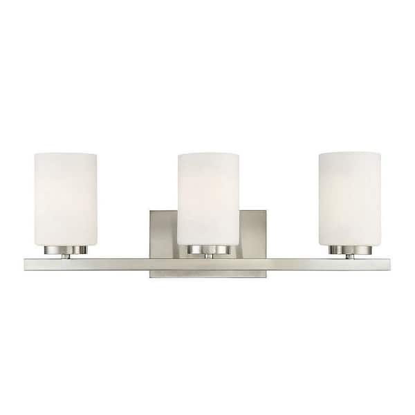 TUXEDO PARK LIGHTING 6.5 in. W x 8 in. H 3-Light Brushed Nickel Bathroom Vanity Light with White Glass Shades