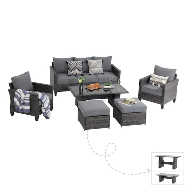 6-Piece Wicker Grey Outdoor Conversation Set with Lift Table and Ottomans, Grey Cushions