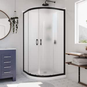 Prime 38 in. W x 76.75 in. H Sliding Semi Frameless Corner Shower Enclosure in Matte Black Finish with Frosted Glass