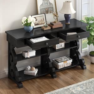 Retro 54.1 in. Antique Black Rectangle Wood Console Table with Open Adjustable Shelves, 2-Top Drawers, 3-Exquisite Legs