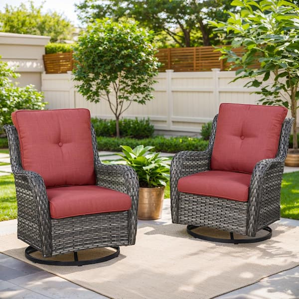 Gray Swivel Wicker Outdoor Rocking Chair with Red Cushions and Glide Function (2-Pack)