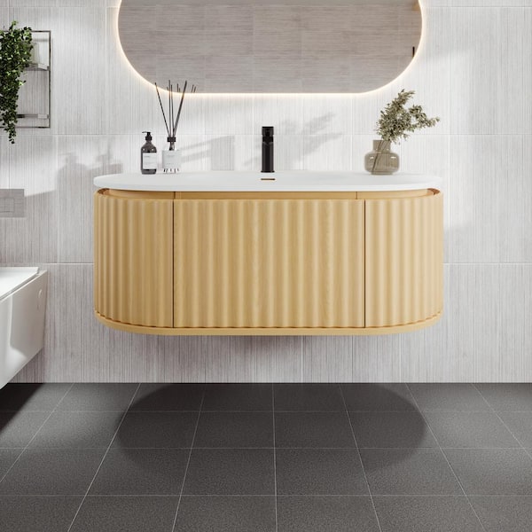 Haven 39 in. Single Sink Floating Natural Oak Bath Vanity with White Solid Surface Top (Assembled)