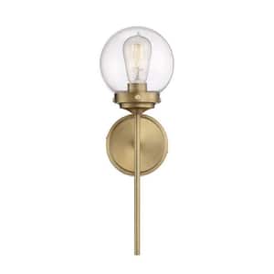 6 in.W x 18 in. H 1-Light Natural Brass Wall Sconce with Clear Glass Orb Shade