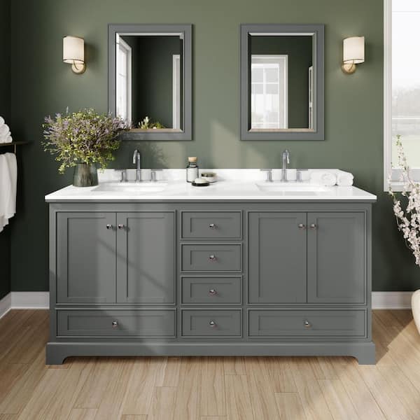Wyndham Collection Deborah 72 in. W x 22 in. D x 35 in. H Double Bath Vanity in Dark Gray with White Quartz Top