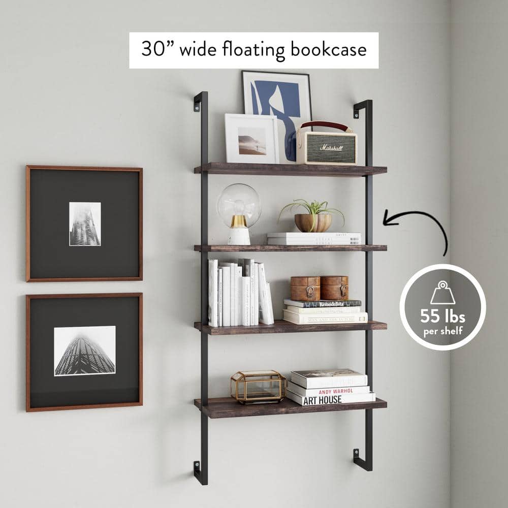 Nutmeg and Matte Black 42" Wood and Metal Floating Wall Shelf