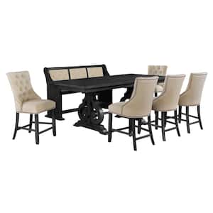 Elias 7-Piece Beige Rectangle Counter Height Dining Set with Linen Fabric Chairs, Bench.