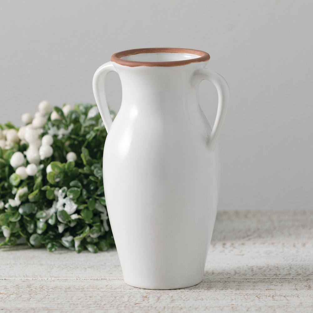 Sleek White Ceramic Vase with Natural Rim and Handles 11"x6"
