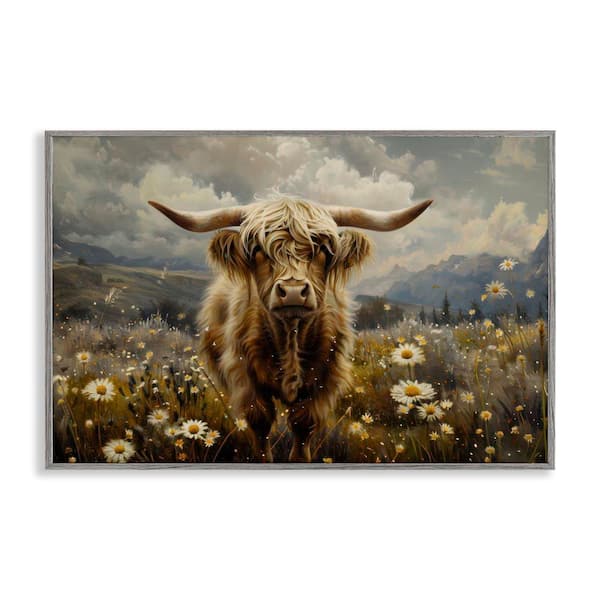 Stupell Industries Cattle in Daisy Field by LSR Design Studio Gray Framed Animal Giclee Art Print 16 in. x 24 in.