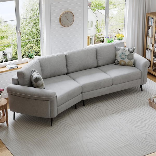 Harper & Bright Designs 111 in Wide Rolled Arm Chenille Fabric Curved Shape Sofa in. Gray with 2-Printed Pillows