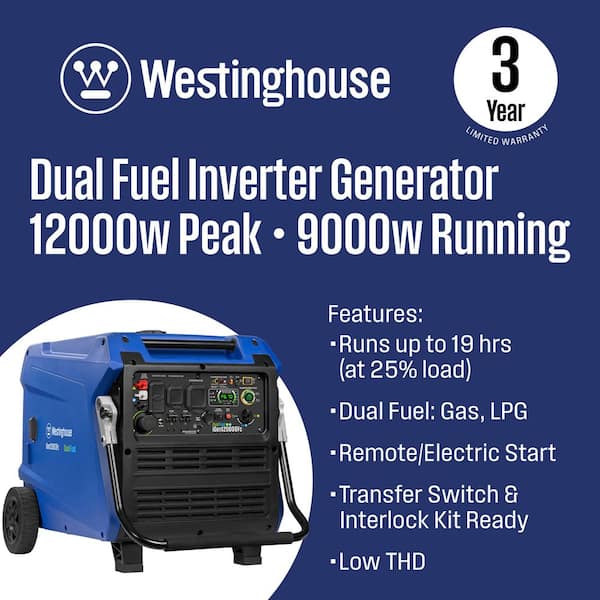 12,000-Watt Remote Electric Start Dual Fuel Gas and Propane Powered Inverter Generator with CO Sensor